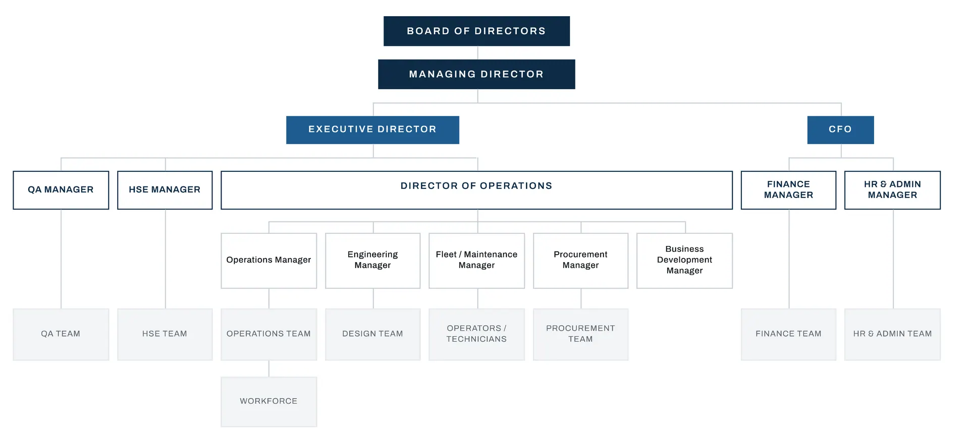 HTC organisation chart: Board of Directors, Managing Director, Executive Director and CFO, Director of Operations, and the QA, HSE, operations, design, operators, procurement, finance and HR teams