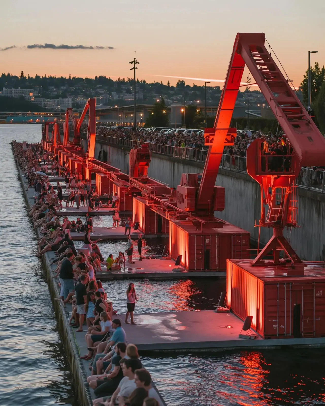 Red cranes lining a jetty at sunset