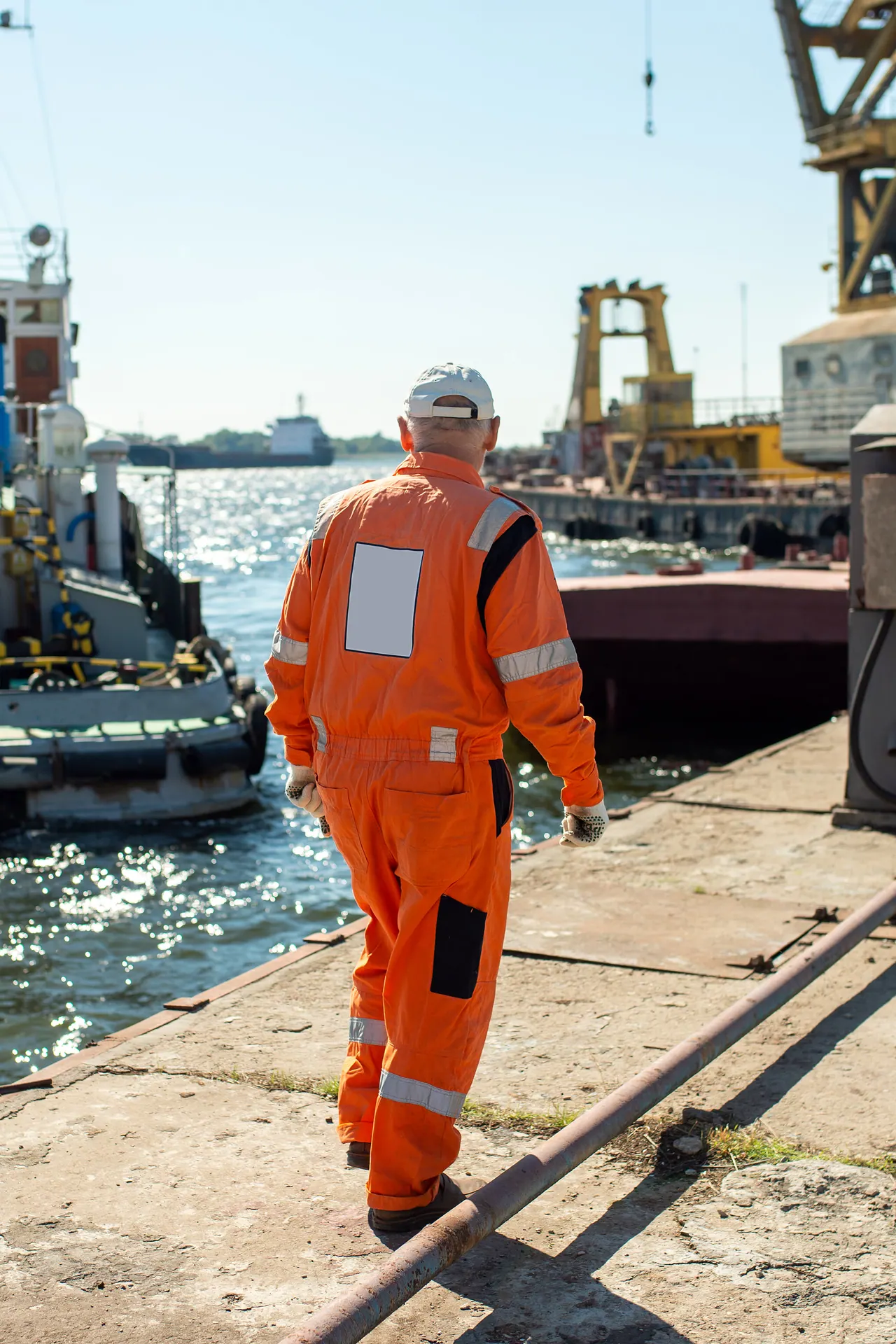 A dock worker in orange safety gear walking along the pier as a tugboat departs